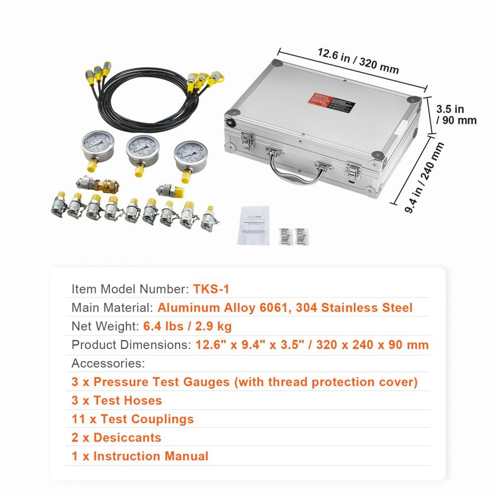 Kit de test de pression hydraulique, 250/400/600 bar, 3 jauges, 11 raccords de test, 3 tuyaux de test, ensemble de jauges de test hydraulique pour excavatrices avec sac de transport portable pour excavatrices, tracteurs, machines de construction