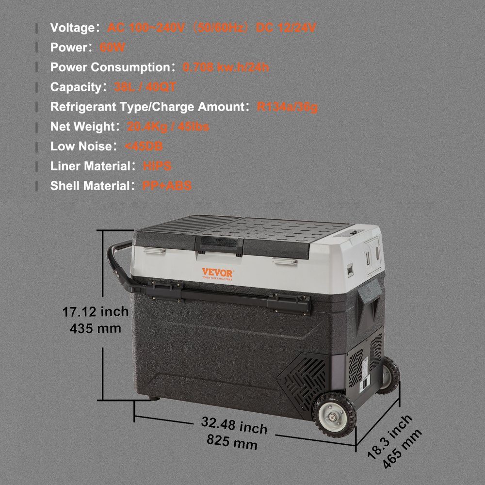 38L koelbox 12/24V draagbare koelkast, elektrische vrieskast Kleine vriezer -20 ~ 10℃, elektrische compressor koelbox 820 x 470 x 440 mm voor auto, camping, vrachtwagen, boot enz.