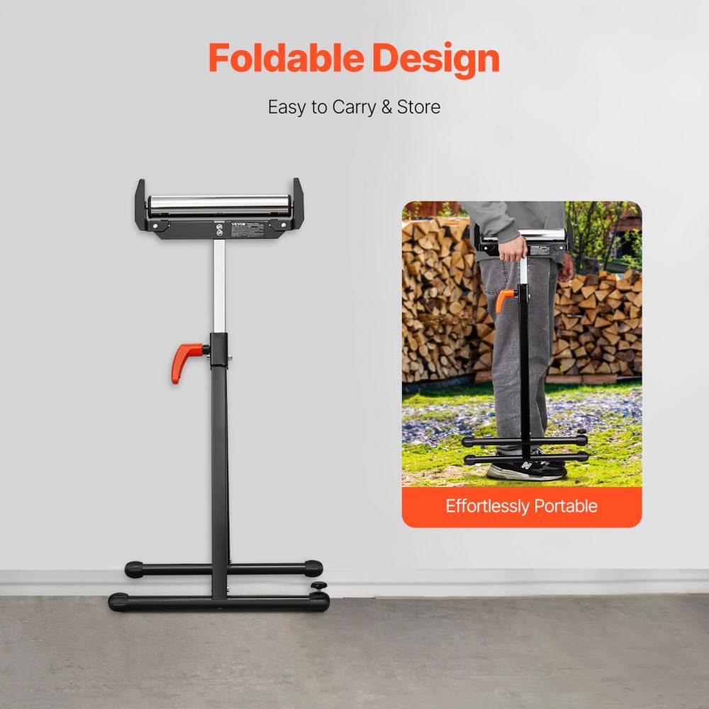 Set van 2 rolstatief, draagvermogen 113 kg, in hoogte verstelbaar van 68-109 cm, opklapbare werkbok met rolkop en randgeleiders van gepolijst staal, voor tafelzaaguitloop, verlengingssteun
