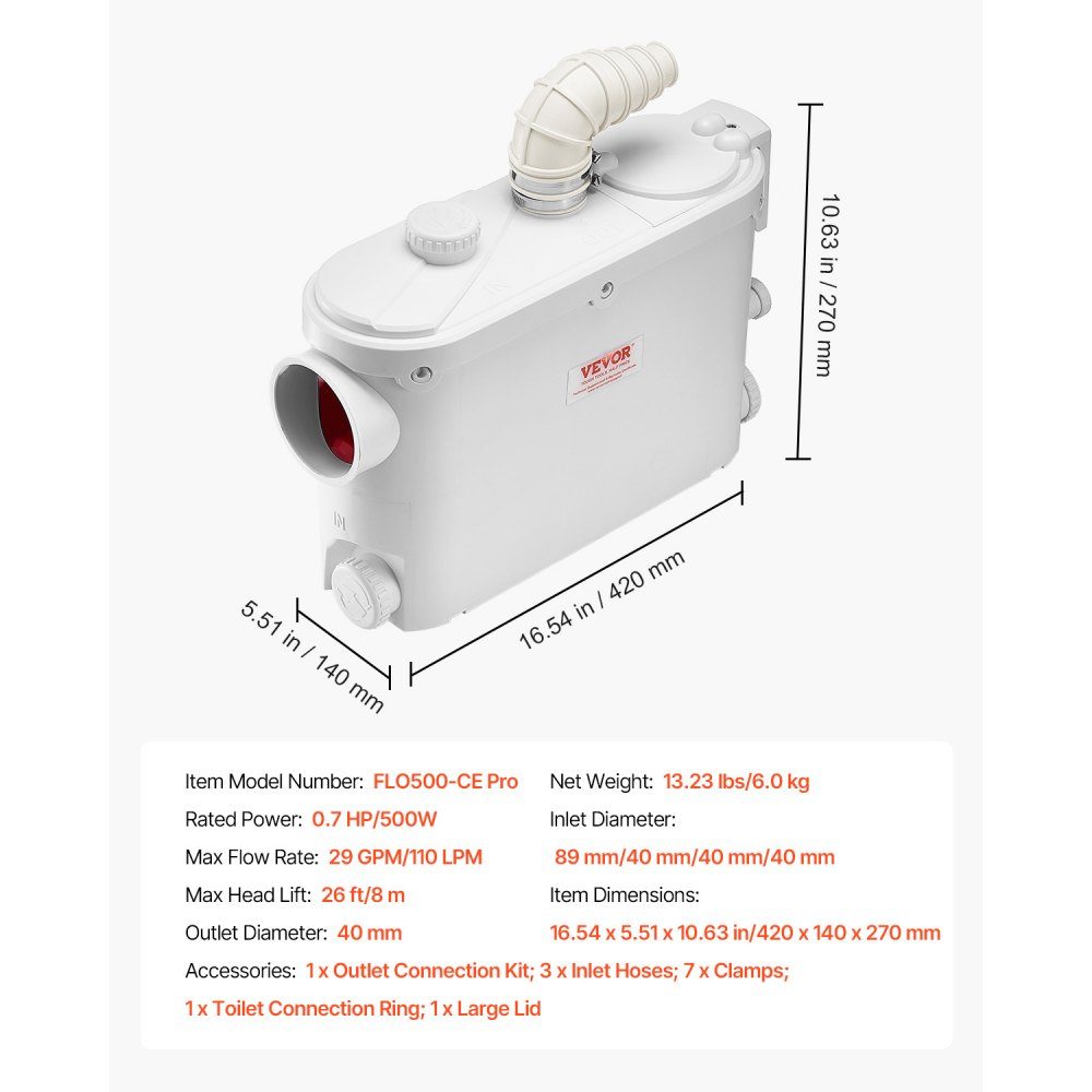 Waste water lifting system 500 W, 6600 l/h flow, 8 m delivery height, waste water pump 2900 rpm with 3 water inlets for cellar, kitchen, sink, shower, bathtub, laundry wastewater disposal, dishwasher