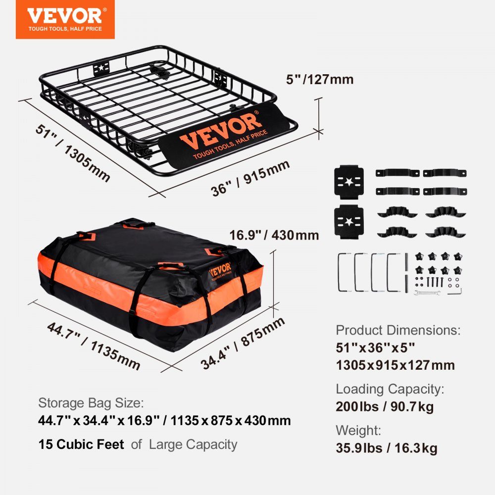 Panier de toit pour voiture, panier de toit universel 1305 x 915 x 127 mm, bac de toit incl. sac 90 kg capacité de charge porte-bagages porte-bagages noir pour le camping, les voyages, etc.
