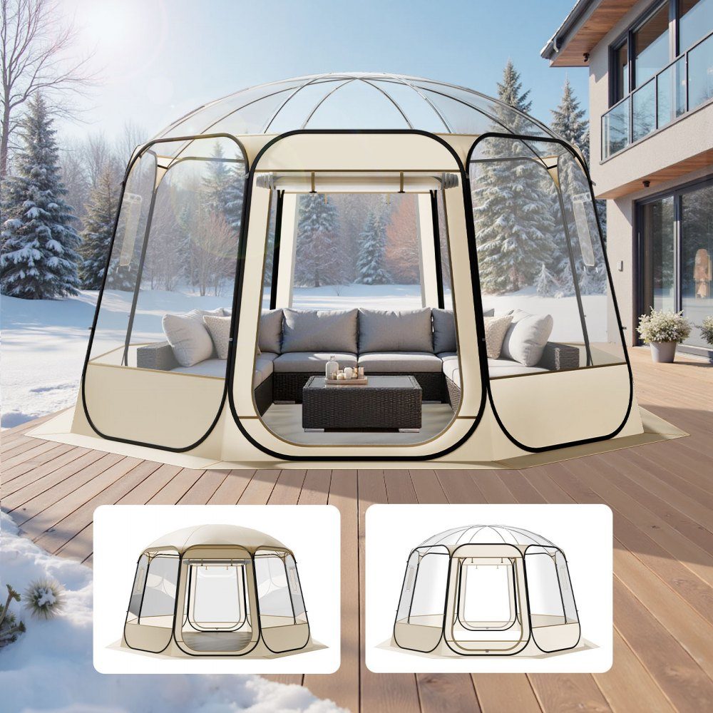 Pop-Up-Blasenzelt, 366 x 345 x 220 cm, transparentes Campingzelt, Gartenkuppel-Iglu-Zelt mit Fenstern, Sportzelt, 540°-Panoramablick für 10–12 Personen, Terrasse, Hinterhof