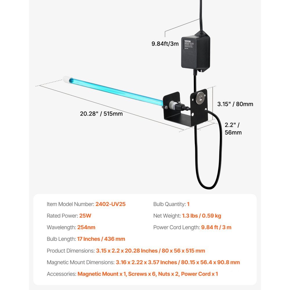 HVAC-luchtreiniger 25W 254nm UV UVC-lichtspoelreiniger met magneet in kanaal voor AC-kanalen (airconditioners) Luchtwasser met 1 reservelamp HVAC UV-lampen Luchtreiniger voor airconditioners