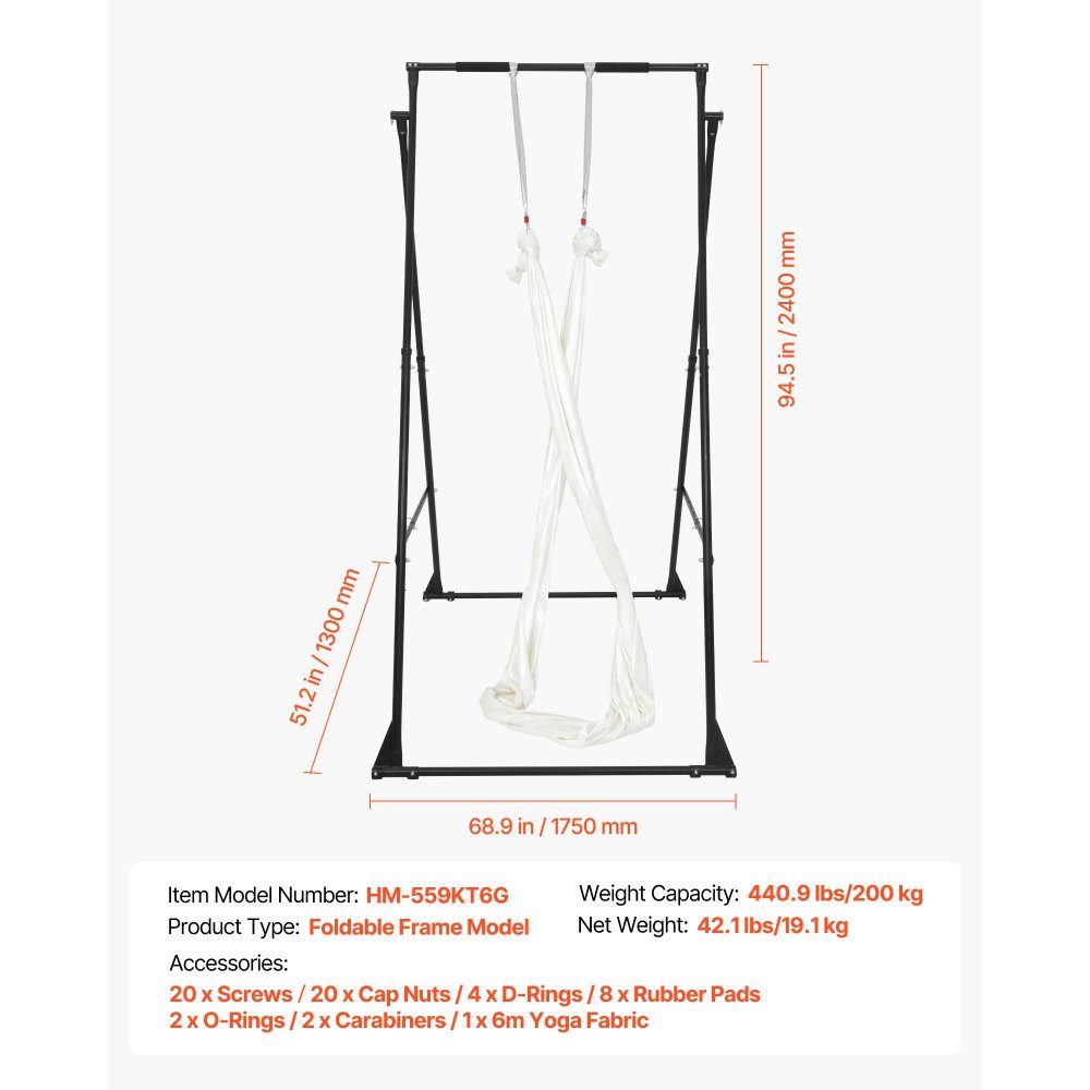 Aerial Yoga Frame Schommelstandaard met 6 m yogahangmat (wit) en Max. 200 kg laadvermogen, driehoekige structuur en EVA-schuim, horizontale aanpassing op 4 niveaus en verticale aanpassing op 6 niveaus