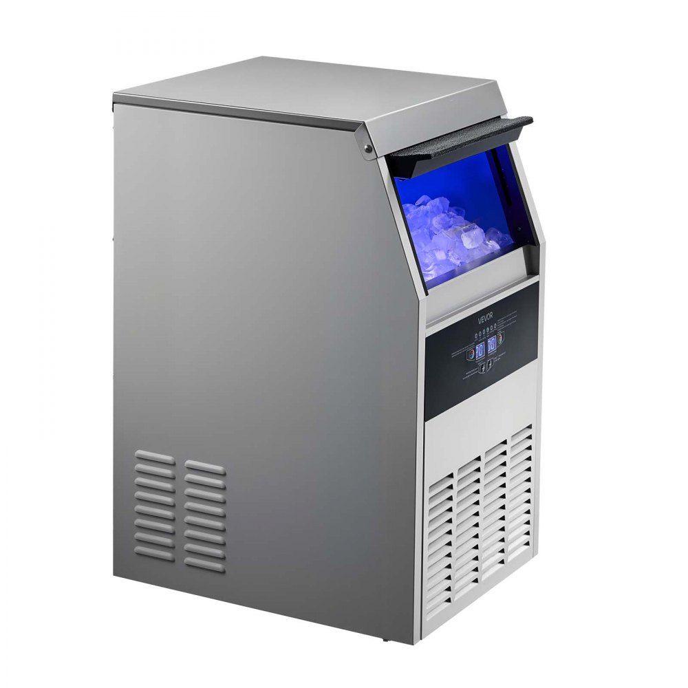 Machine à glaçons commerciale, machine à glaçons 59 kg/jour avec bac de stockage de glace de 14 kg, machine à glaçons autoportante en acier inoxydable avec affichage LED, autonettoyante, idéale pour la maison, bar, restaurant, café