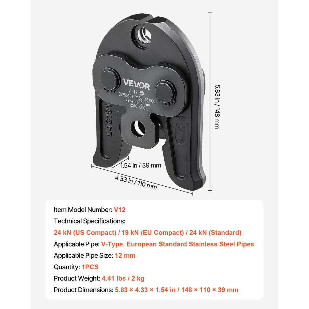 V12 crimping jaw, 12mm crimping jaw for V-shaped stainless steel pipes, steel crimping jaws, compatible with standard crimping tools, ideal for HVAC systems, gas lines and radiant heating systems