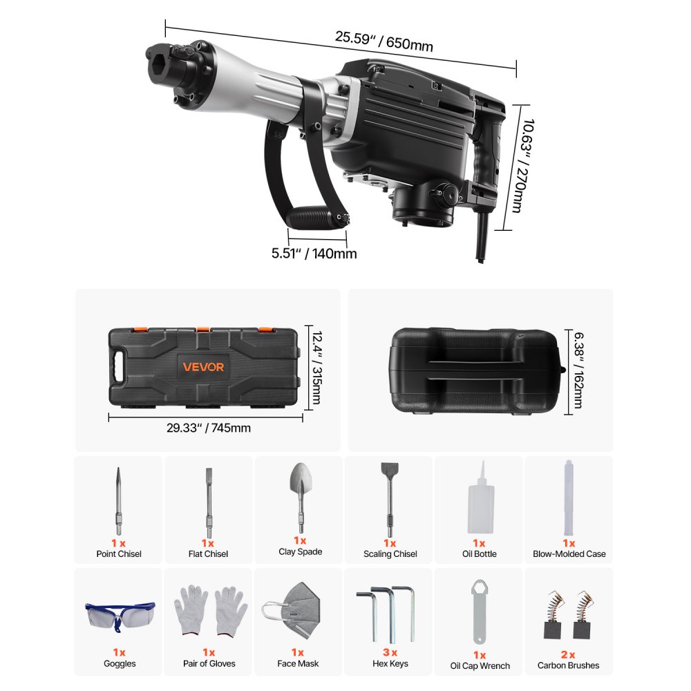 Demolition Hammer Electric Concrete Hammer 2800 W, 1200 BPM Air Hammer with 3 Chisels & a Clay Spade & Gloves & Safety Glasses, for Concrete Walls, Bricks, Tiles, Foundations, Black