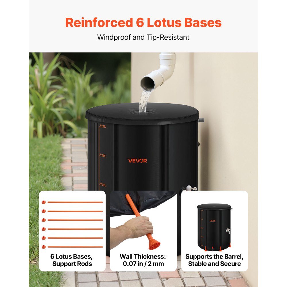Foldable Rain Barrel 201L Portable Rain Barrel Rainwater Tank 1000D PVC Rainwater Collection System Water Tank Rainwater Barrel with Faucet and Overflow Kit Black