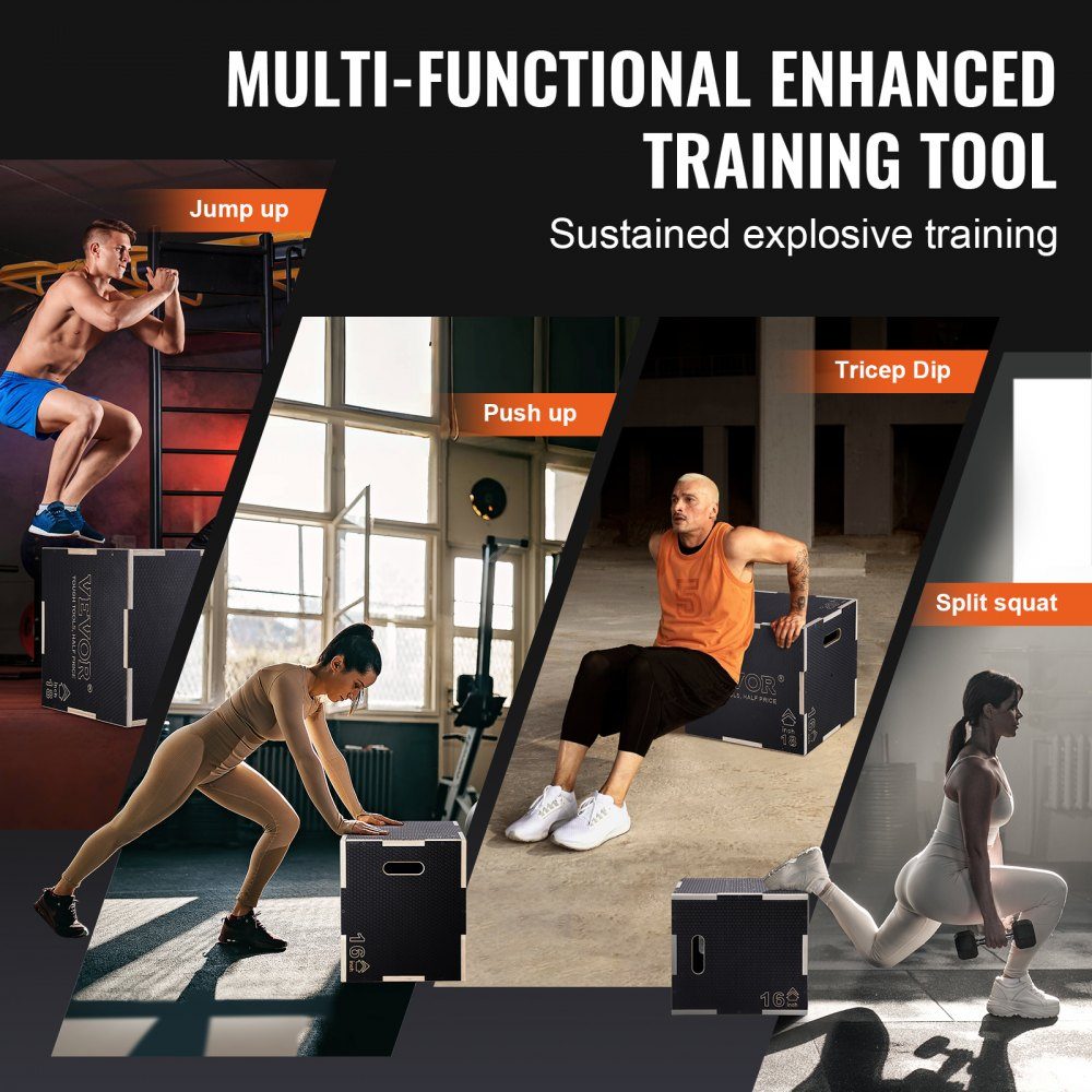 3 in 1 Plyometrische Jump Box 20/18/16 Inch Plyo Box, Jump Box Jump Box 204 kg draagvermogen, fitnessoefening Step Up Box voor thuistraining, sprongkrachttraining, zwart, in hoogte verstelbaar
