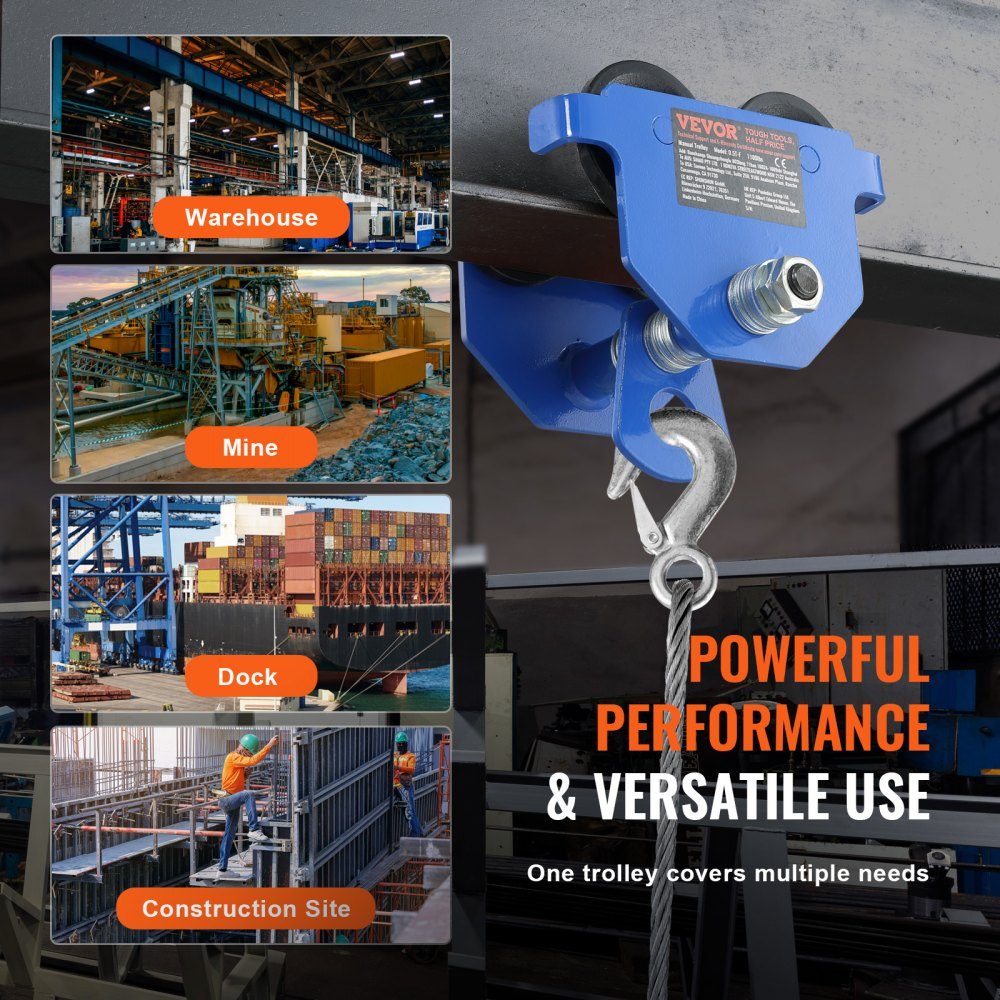 Trolley, draagvermogen 0,5 T, trolley met dubbele wielen, verstelbaar voor I-balk flensbreedte 63,5 tot 139,7 mm. Robuuste garagetakel van gelegeerd staal voor rechte, gebogen I-balken