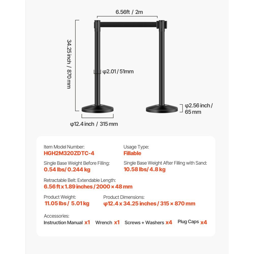 Crowd Control Barrier Posts (Pack of 4) with 4 Retractable Straps, Carbon Steel Barrier Posts with Hollow Base for Weddings, Exhibitions, Black