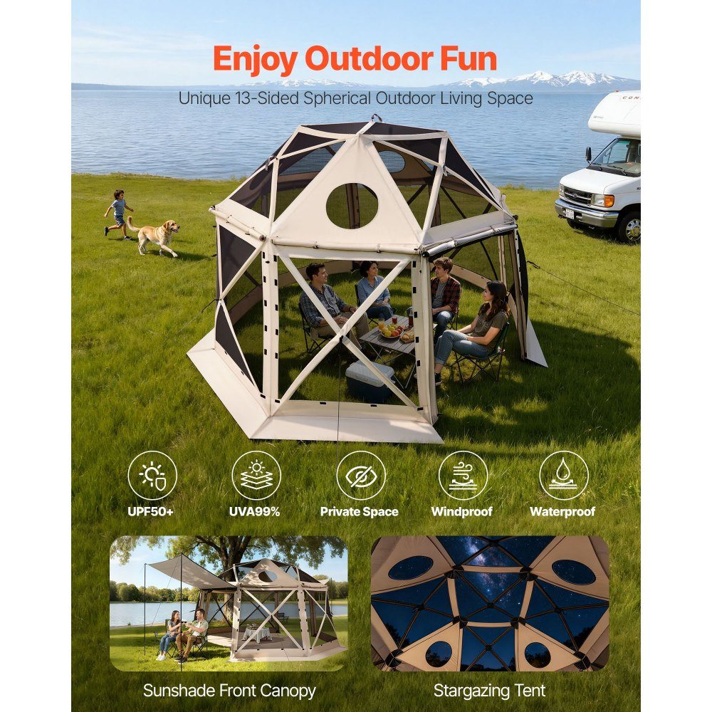 Tonnelle escamotable 3,6 m x 3,6 m, tente de camping sphérique à 13 côtés avec toit amovible et sac de transport, ventilation à 360°, pare-soleil, tente de fête pour 8 à 10 personnes, beige
