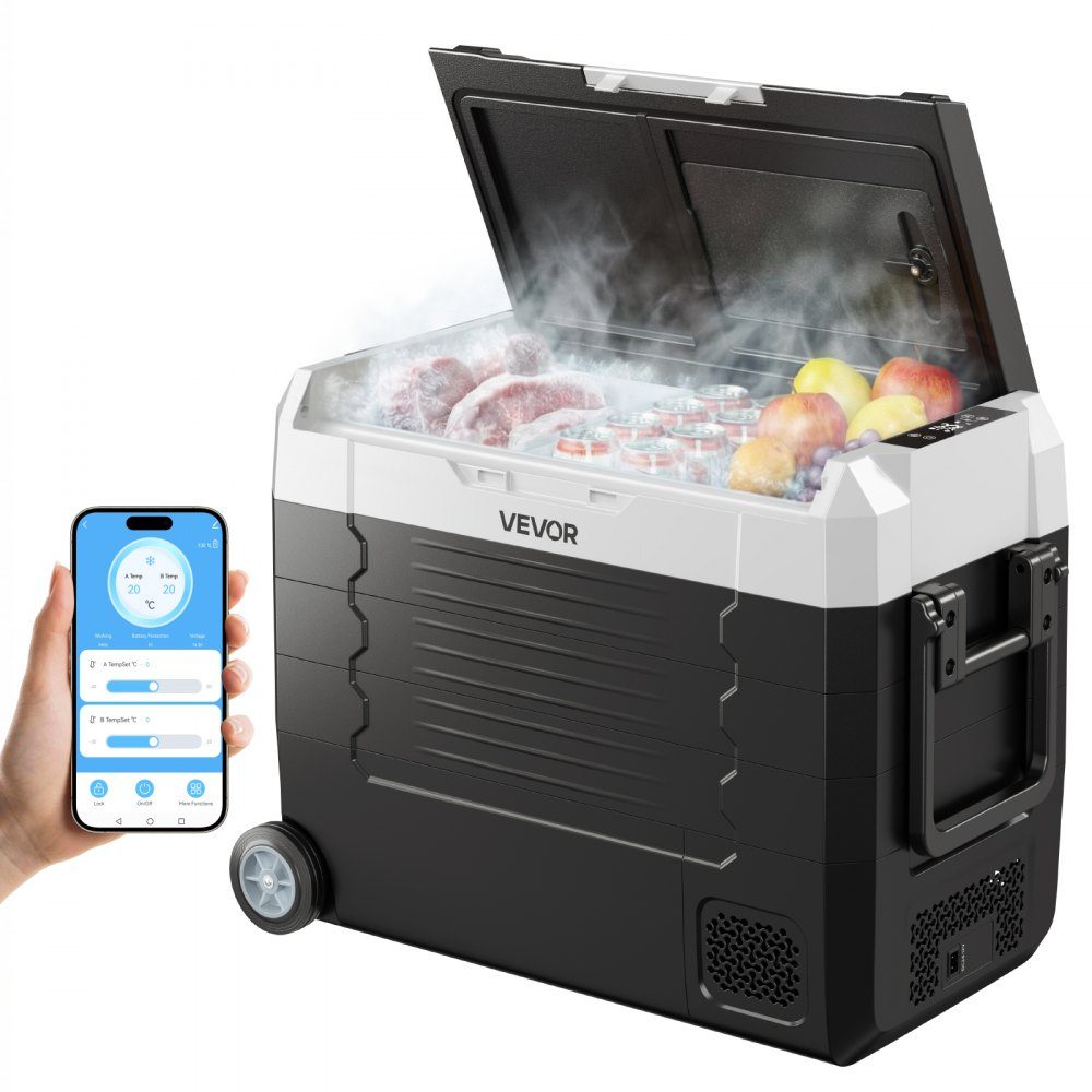 Compressor Cooler 12/24V DC 100-240V AC, Car Fridge 45L with App Control & Wheels & 2 Temperature Zones (-20°C to 20°C), Portable Fridge for RV, Boat, Camping, Fishing