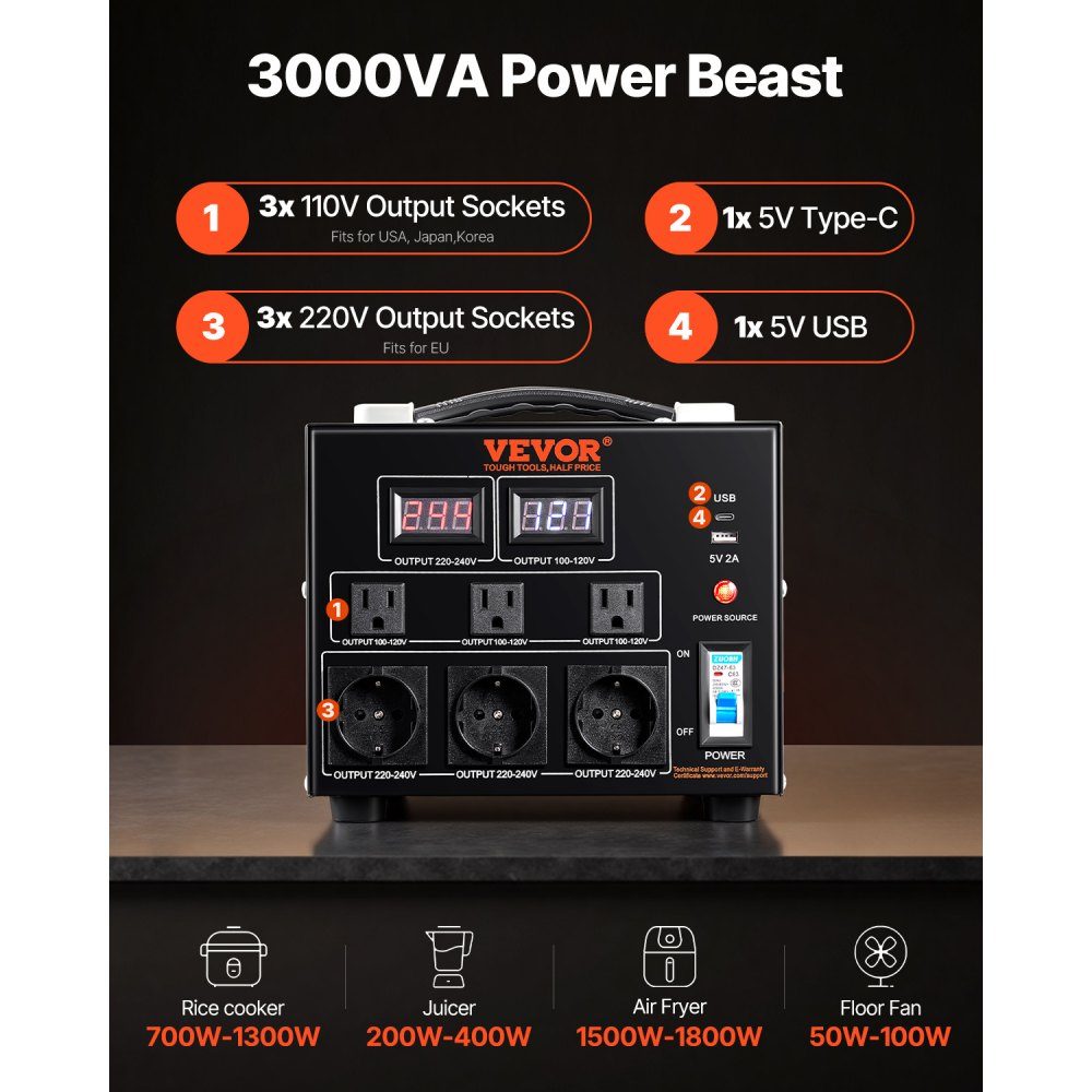 3000 W Spannungswandler-Transformator AC 110 V⇋220 V Transformator-Konverter 3 US NEMA 5-15R 3-polige Ausgangsbuchsen, 3 europäische Shucko-Ausgangsbuchsen, 1 USB-Buchse und 1 Typ-C-Buchse