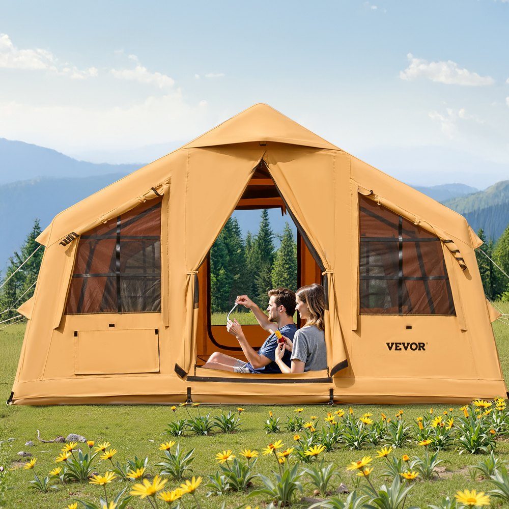 Opblaasbare kampeertent voor 8-12 personen met handpomp, glampingtent van 4,8 x 3,6 x 2,2 m met 2 dakramen, luifel, kachelaansluiting, 2 deuren en gaasramen, opbergtas