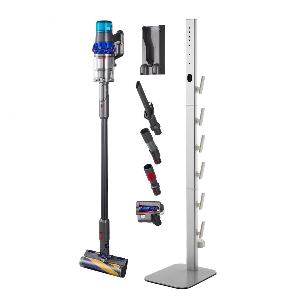 Support d'aspirateur 126 cm compatible avec les aspirateurs verticaux et accessoires Dyson G5 V15 V12 V11 V10 V8 V7 V6 Series Support de sol avec 6 crochets et patins antidérapants Argenté