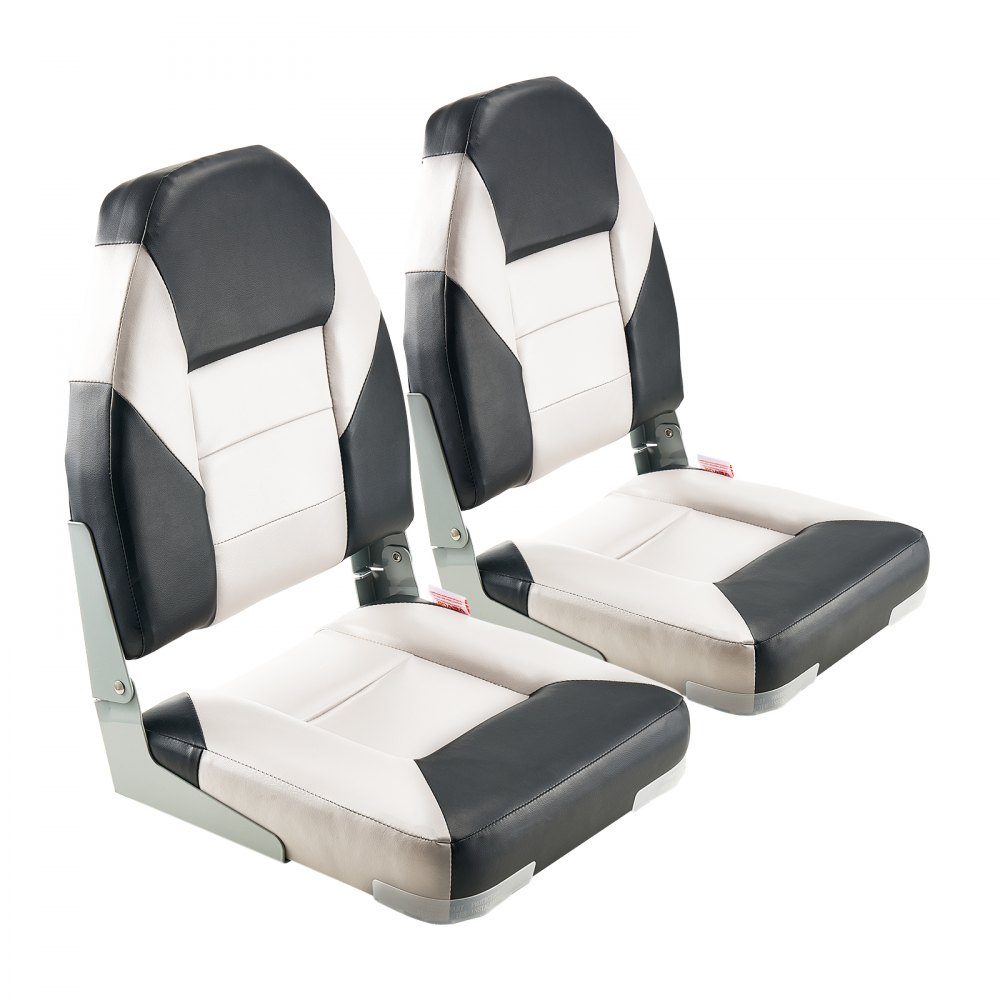 2pcs High Back Boat Seat Folding Fishing Boat Seat with Thick Sponge Cushion and Waterproof PVC Leather Aluminum Alloy Hinges Black Gray