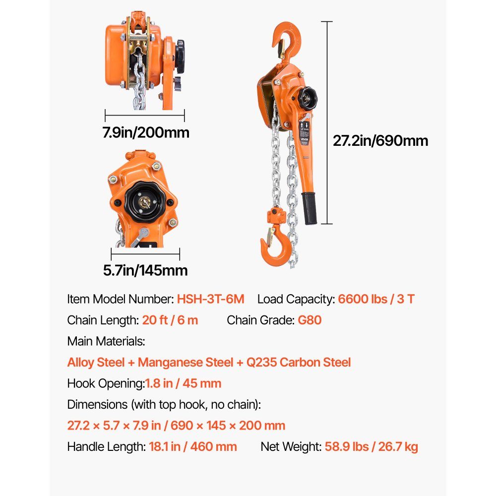 Lever Hoist, 3 Ton Capacity Hand Chain Hoist, 6m Lift, G80 Alloy Steel Chain with Mechanical Double Pawl Brake, 360° Swivel Hooks, Ratchet Hoist for Warehouse Construction, Garage