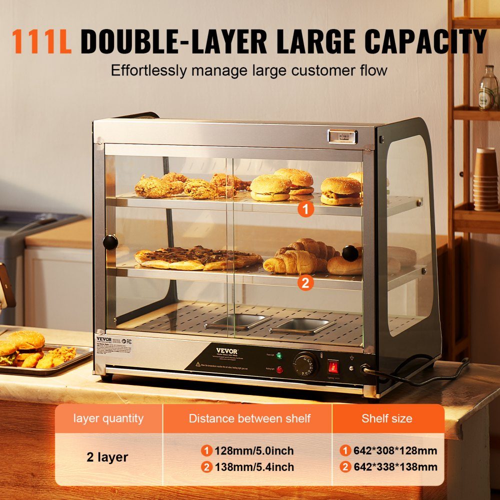 2 Stage Commercial Food Warmer, 850W Food Warmer with Tempered Glass and Steam Heater, Temperature Control from 30°C to 85°C, 111L Large Capacity for Hamburger, Pizza, Bread, Chicken