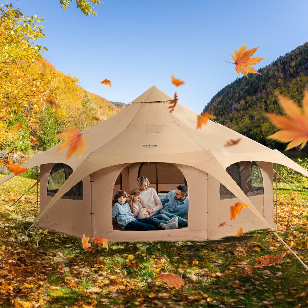 Bell Tent 5x2.8m Yurt Tent TC Cotton and Heavy Duty Iron Poles with Oxford Cloth Groundsheet Camping Tent Family Tent 8 Windows Group Tent for Outdoor Adventures