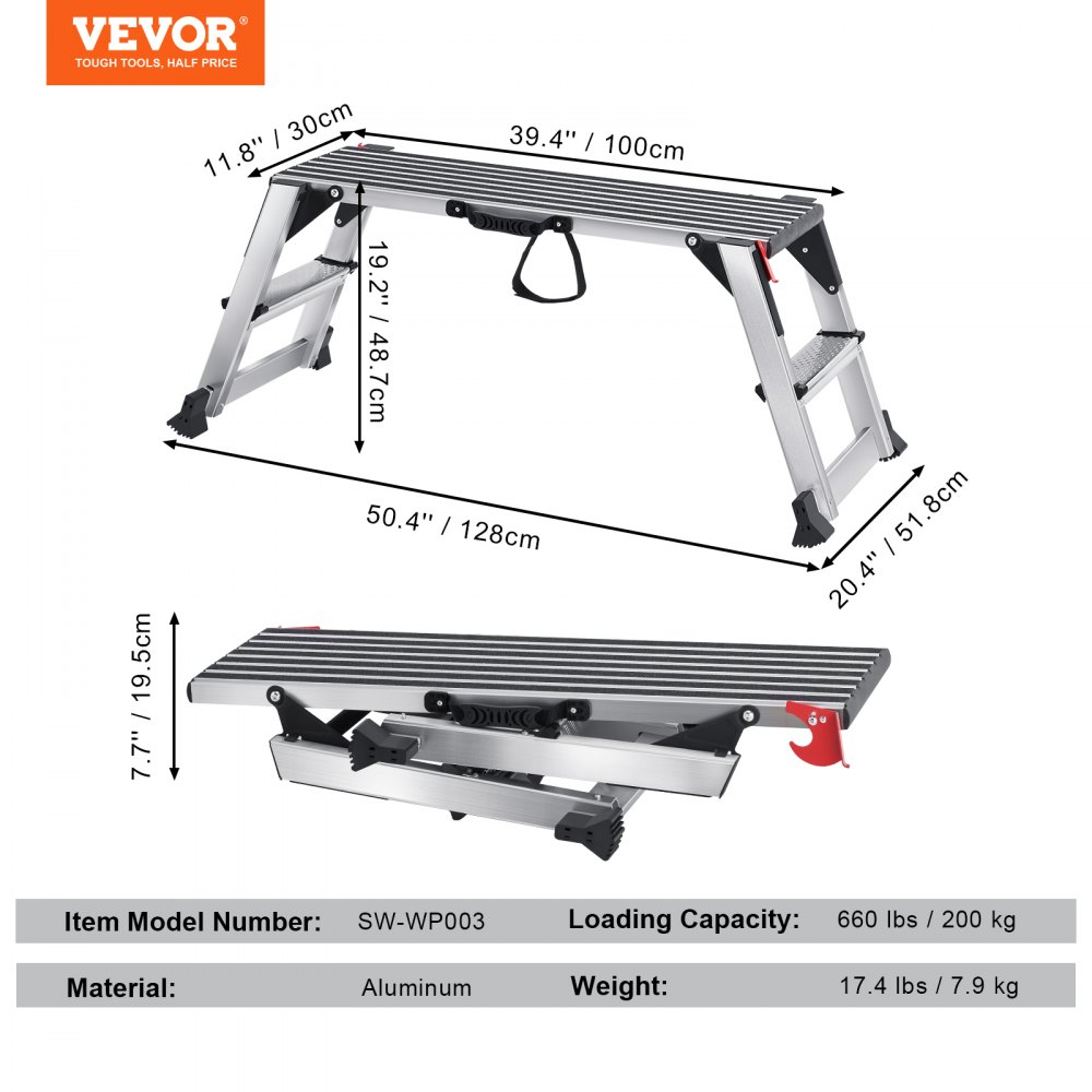 Aluminium-Arbeitsplattform, klappbare Werkbank, 100 x 30 x 48,7 cm, Arbeitsplattform, 200 kg Tragkraft, Stufenbank mit Sicherheitsschlössern, Trittleiter für Heimbüro, Werkstatt und Garage, Silber Aluminium-Arbeitsplattform, klappbare Werkbank, 100 x 30 x 48,7 cm, Arbeitsplattform, 200 kg Tragkraft, Stufenbank mit Sicherheitsschlössern, Trittleiter für Heimbüro, Werkstatt und Garage, Silber