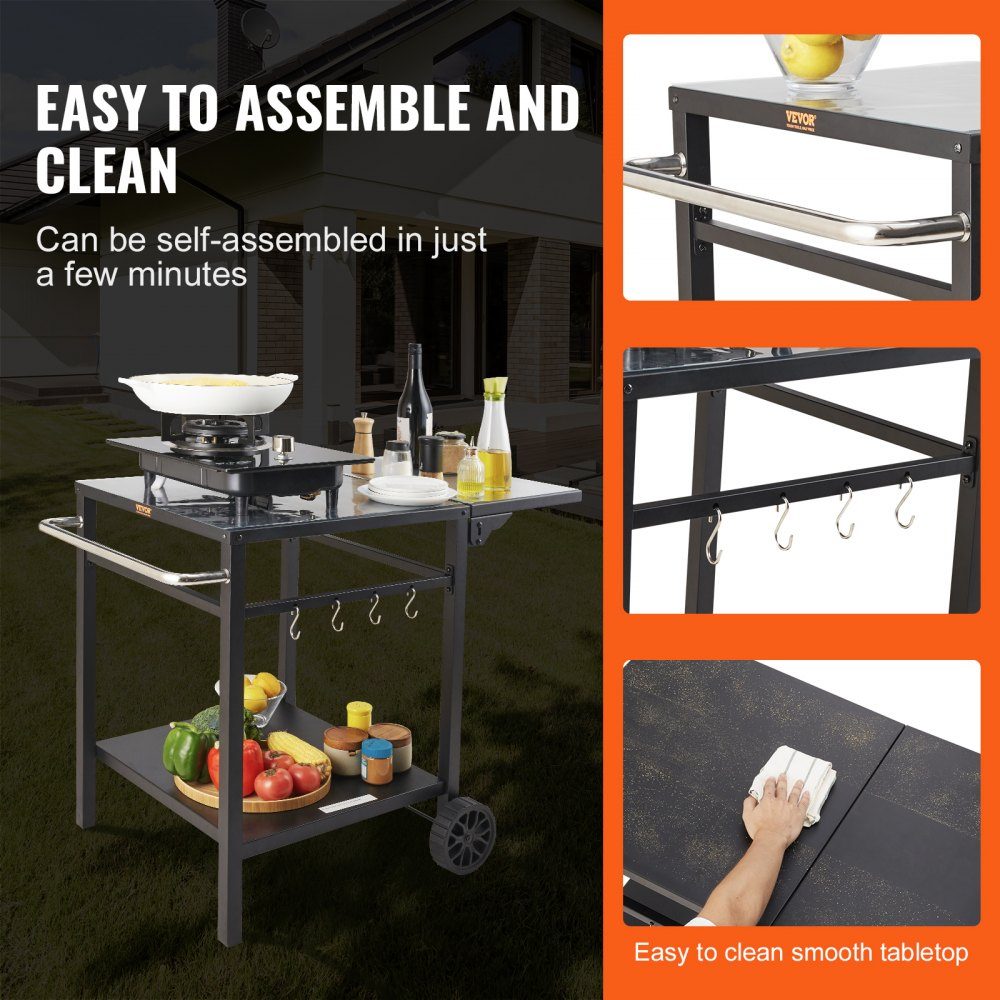 Servierwagen, Küchenwagen, 97,2 x 64 x 75,5 cm, Outdoor-Grill-Esswagen mit doppelter Ablage, beweglicher Grilltisch für die Zubereitung von Speisen, multifunktionale Tischplatte aus schwarzem Eisen