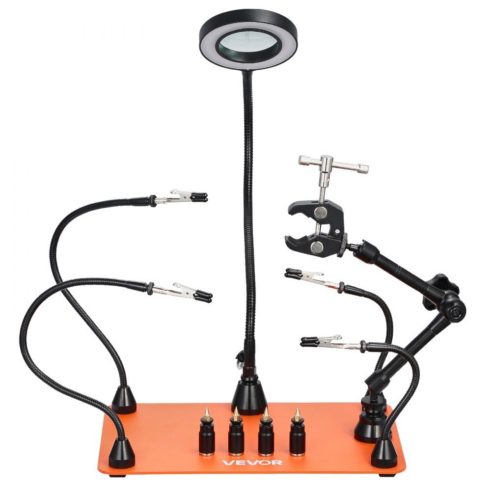 Third-hand soldering aid, magnetic soldering station, with 3x LED magnifying lamp, 4 circuit board holders & 360 degree hot air gun holder, base station for repairs, crafts & hobbies