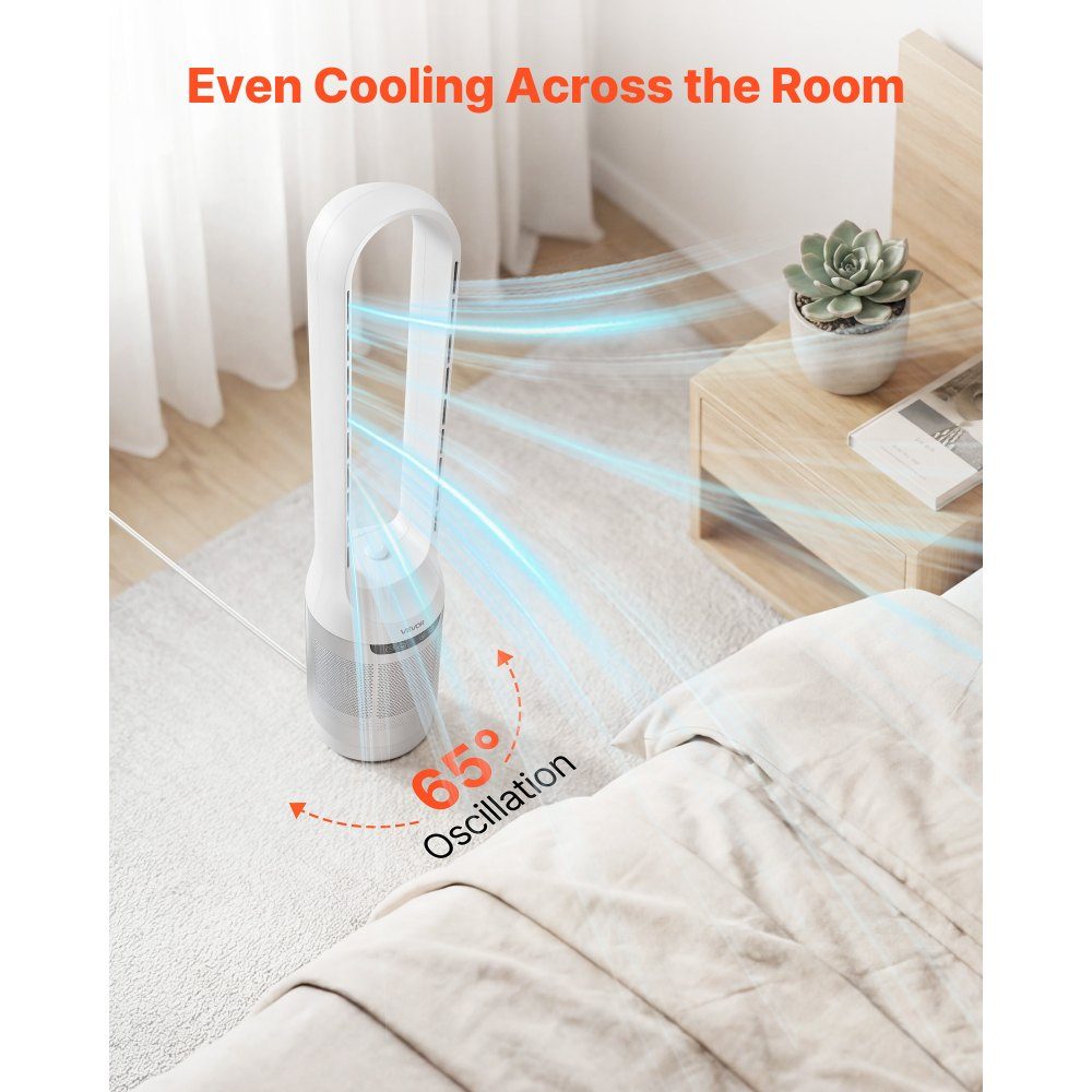 Tower Fan without Blades, 104cm Column Fan with 12 Speeds Max 4.5m/s, 4 Modes, 8 Hour Timer, 65° Oscillating Pedestal Fan with Remote Control for Bedroom, Office, White