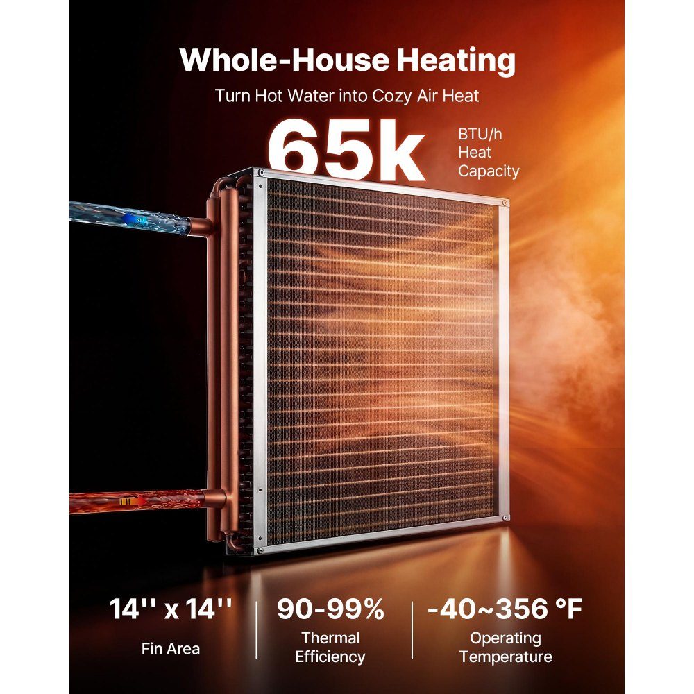 Lamellenwärmetauscher 356x356mm, 19 kW Wärmetauscher mit Kupferanschlüssen & Aluminiumlamellen, Wasser-Luft-Wärmetauscher mit 2,5 MPa Arbeitsdruck, Wärmetauscher zum Heizen Kühlen im Innenbereich