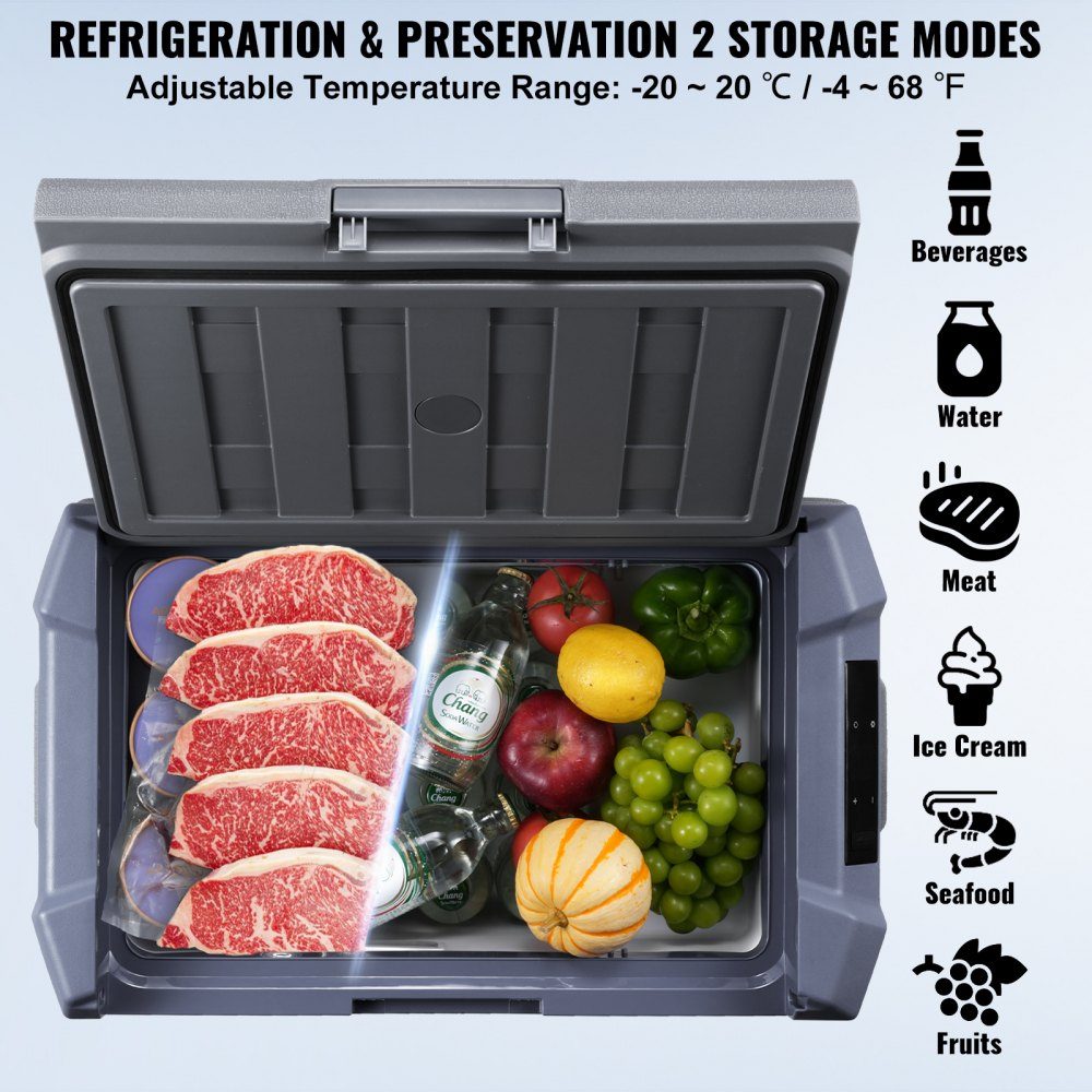 Car Fridge, 12V Car Fridge, 45L Portable Single Zone Freezer with Built-in Lighting, -20°C to 20°C, 12/24V DC and 100-240V AC Compressor Cooler for Outdoor, Camping, RV