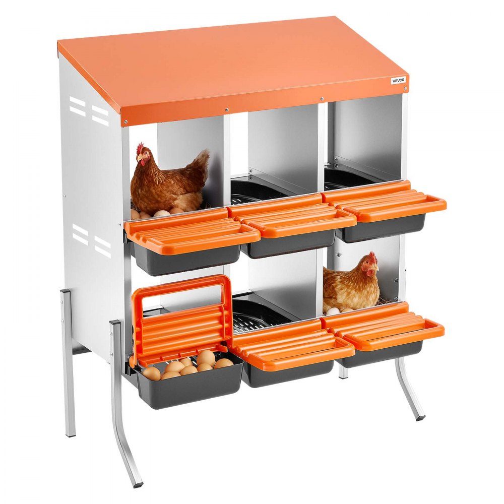 2-tier laying nest 795x525x990 mm, 6 compartments, metal chicken nest with support legs, poultry nest, roll-off nest, ideal for hens, ducks, chickens & other poultry, orange
