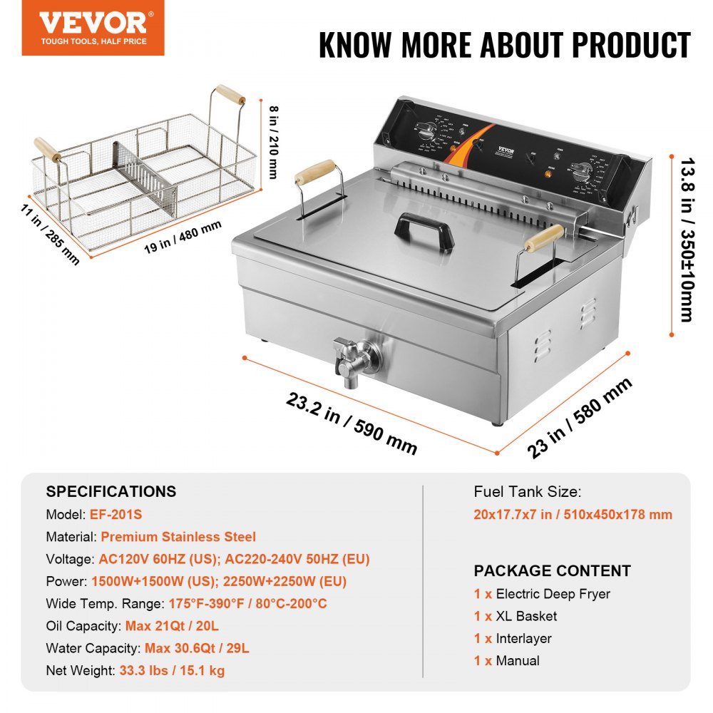 Commercial Deep Fryer, 2250W Electric Deep Fryer with Basket, 20L Large Capacity Countertop Oil Fryer, Stainless Steel, Temperature Control, for Kitchen Restaurant Use, Silver