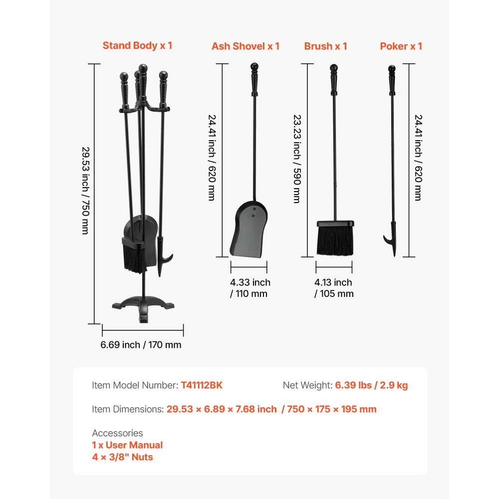 Kaminbesteck-Set, 4-teiliges Herdbesteck-Set, inklusive dreizackigem Ständer, Ascheschaufel, Besen, Schürhaken, schmiedeeisernes Kaminzubehör für Lagerfeuer im Innen- und Außenbereich, Schwarz