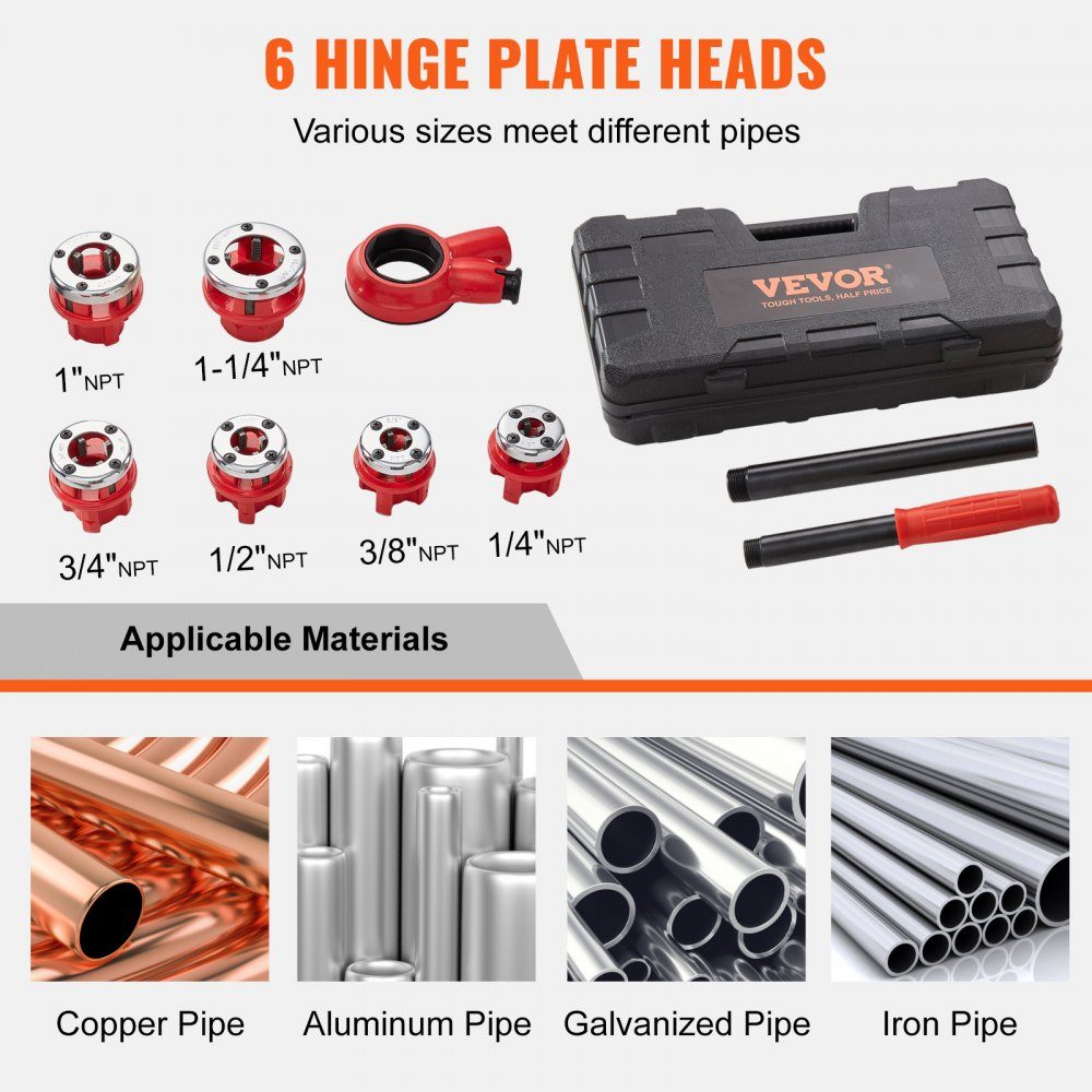 6 Pcs Set Threading Material Pipe Threading Set Standard Tap 1/4" NPT - 1-1/4" NPT in Case 9SICR Cutting Head Ideal for Construction, Plumbing Industry etc