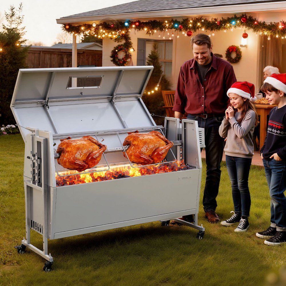 Rotisseriegrill 38W Spanferkelgrill Lammgrill Holzkohlegrill (1168,4 mm Grilllänge) mit 60 kg Tragkraft & Rollen & 4-fach Höhenverstellung & Deckel, Edelstahl Elektrogrill Set für Camping