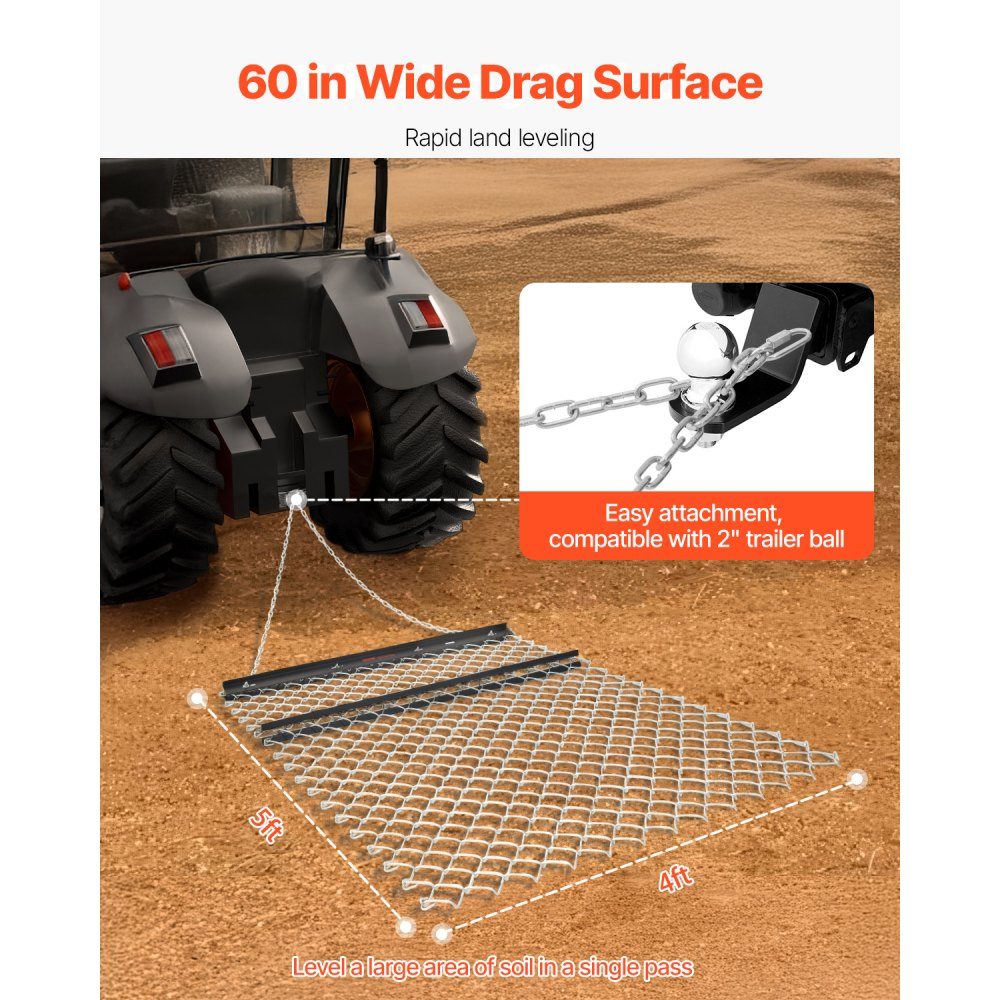 Drag Harrow 1520 x 1240 x 57mm Q235 Steel Chain Harrow UTV Tractor Attachments for Leveling Landscapes or Lawn Preparation Meadow Harrow for Gravel Driveways Farm Field Garden