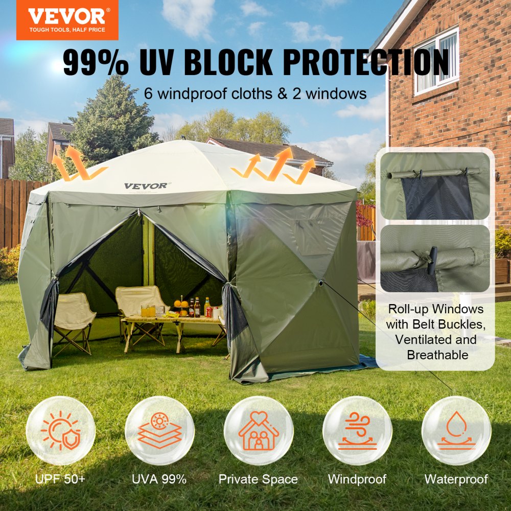 Pop Up Gazebo Tent, Pop Up Tent with 6 Side Canopy, Sun Shade with 6 Removable Privacy Wind Cloths and Mesh Windows, 12 x 12 Feet, Quick Pitch Tent with Mosquito Net, Army Green Pop Up Gazebo Tent, Pop Up Tent with 6 Side Canopy, Sun Shade with 6 Removable Privacy Wind Cloths and Mesh Windows, 12 x 12 Feet, Quick Pitch Tent with Mosquito Net, Army Green