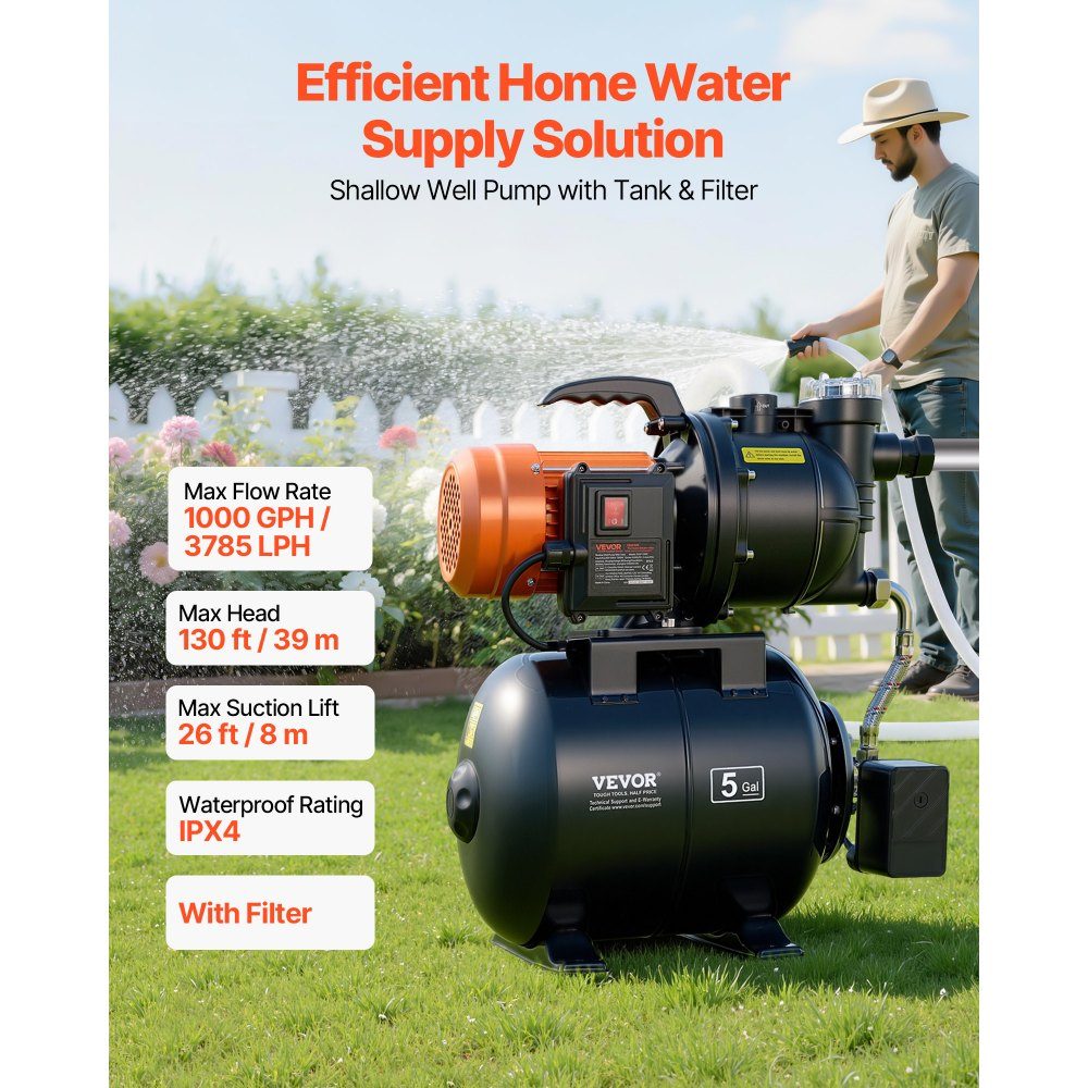 Hauswasserwerk 735 W, 3785 L/h Strahlpumpe mit 19 L Druckbehälter, 39 m Förderhöhe, inklusive Filter, Rückschlagventil & Kunststoff-Pumpenkopf, zur automatischen Gartenbewässerung & Hauswasserversorgung