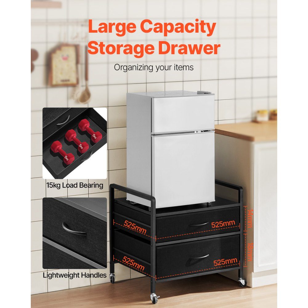 Mini support de Réf. rigérateur sur roulettes, support de réfrigérateur avec capacité de charge de 80 kg, mini table de réfrigérateur avec 2 tiroirs et 4 roulettes, étagère de réfrigérateur mobile pour dortoir, appartement, bureau, noir