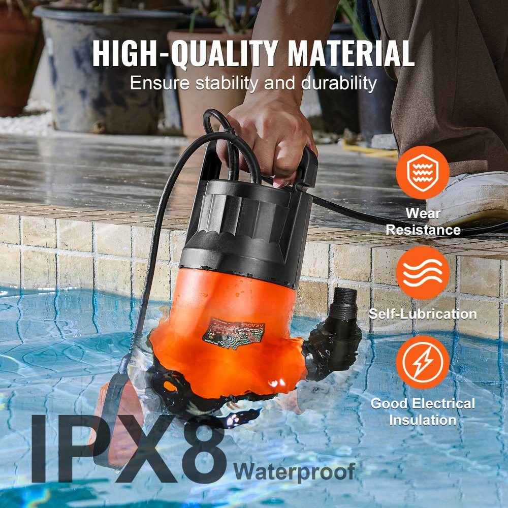 Schmutzwasserpumpe, 400 W, 9500 l/h, hoher Durchfluss, 7,9 m Förderhöhe, Tauchpumpe, tragbare Wasserpumpe mit 3 m Netzkabel zum Pumpen von Wasser aus Schwimmbad, Gartenteich, Keller