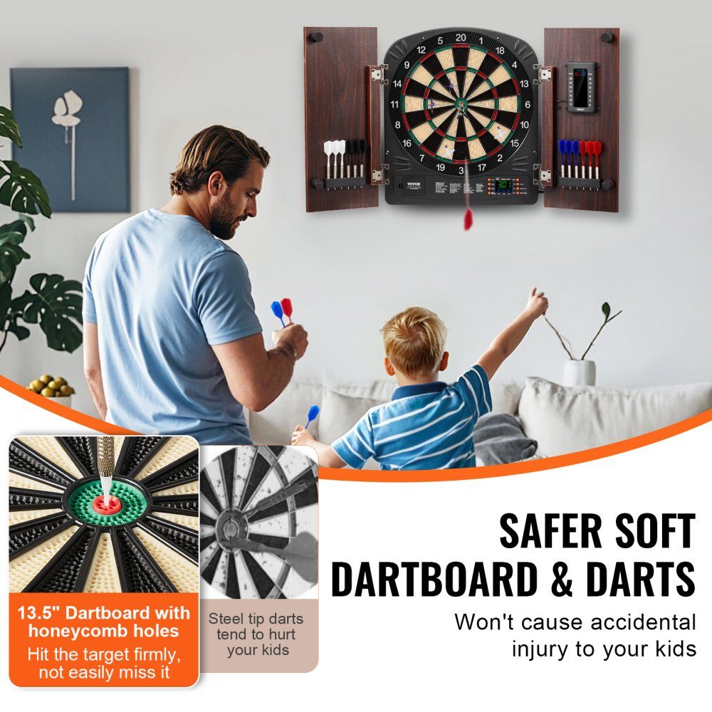 Dartscheibe und Schrank-Set für Zuhause, Dartscheibe, Mittel-Dartscheibe, 13,5 Zoll, verstaubarer Dartschrank mit elektronischer Punktezählung und einfacher Montage, komplett mit allem Party-Zubehör