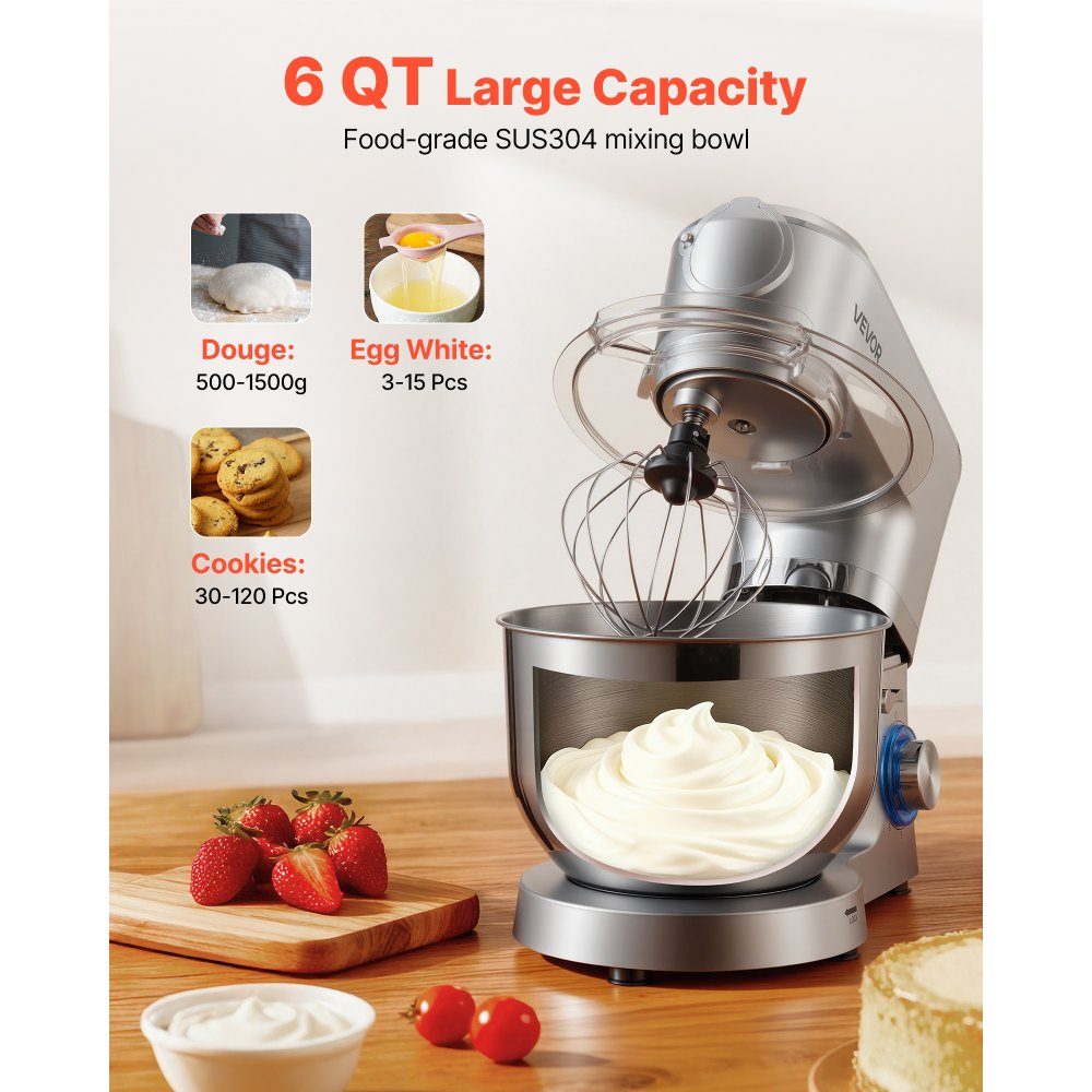 Multifunctional electric food processor 1500 W with stainless steel bowl (6 l) and mixing cup (1.5 l), kneading machine, dough mixer with 6+P speeds, dough hook, whisk and beater