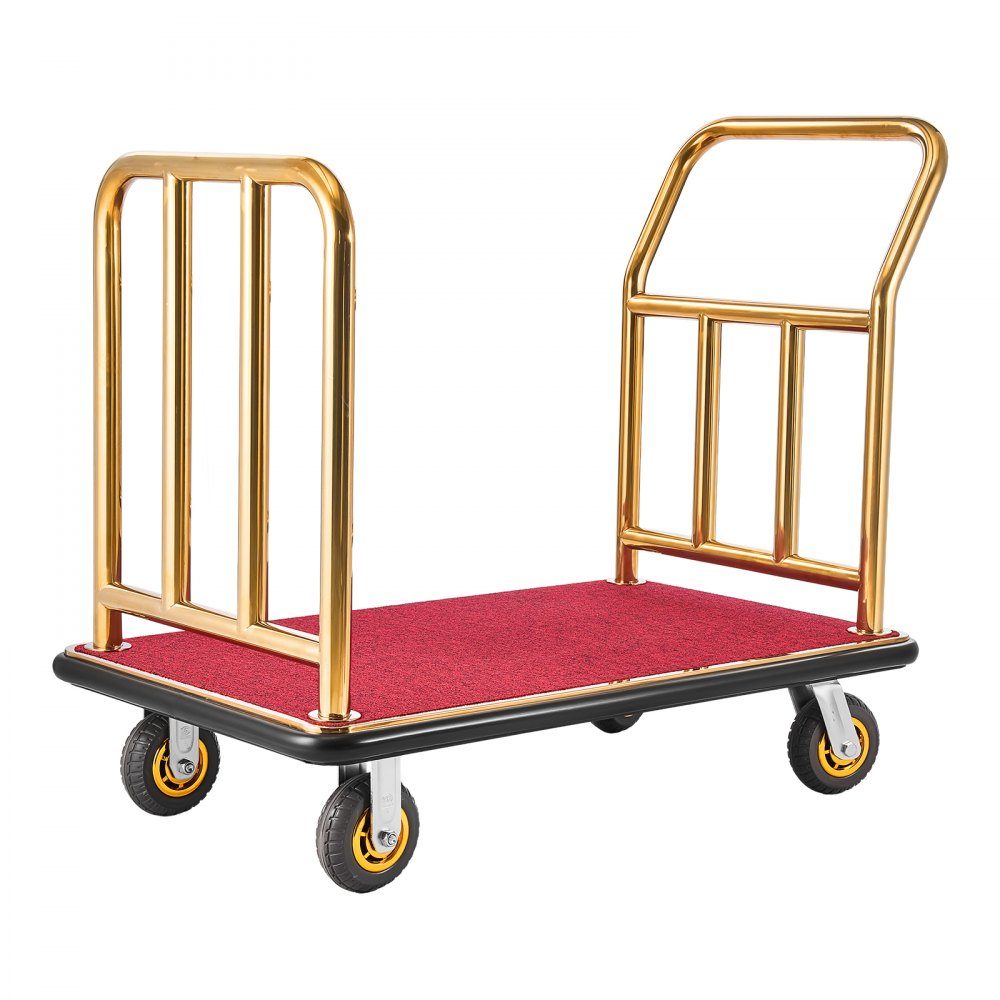 Stainless Steel Hotel Luggage Cart, 800lb Heavy Duty Luggage Cart with 6" Rubber Wheels, Red Carpet Hotel Cart, Commercial Platform Cart for Hotels, Vacation Rentals, Resorts, Gold
