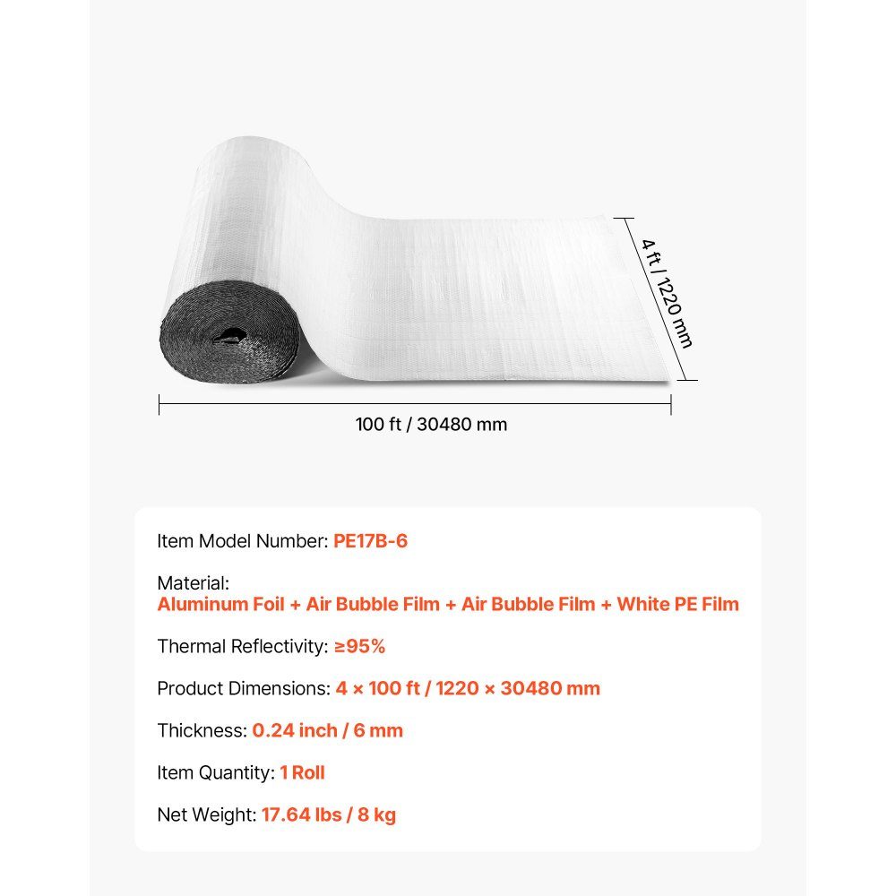 Isolierfolie, Isolierfolie mit Luftpolstern, 6 mm, 122 cm x 30,48 m, Aluminiumfolie, weiße PE-Folie, wärmereflektierender Schutz, Wärmedämmrolle für Garagentore, Fenster, Wohnmobildächer