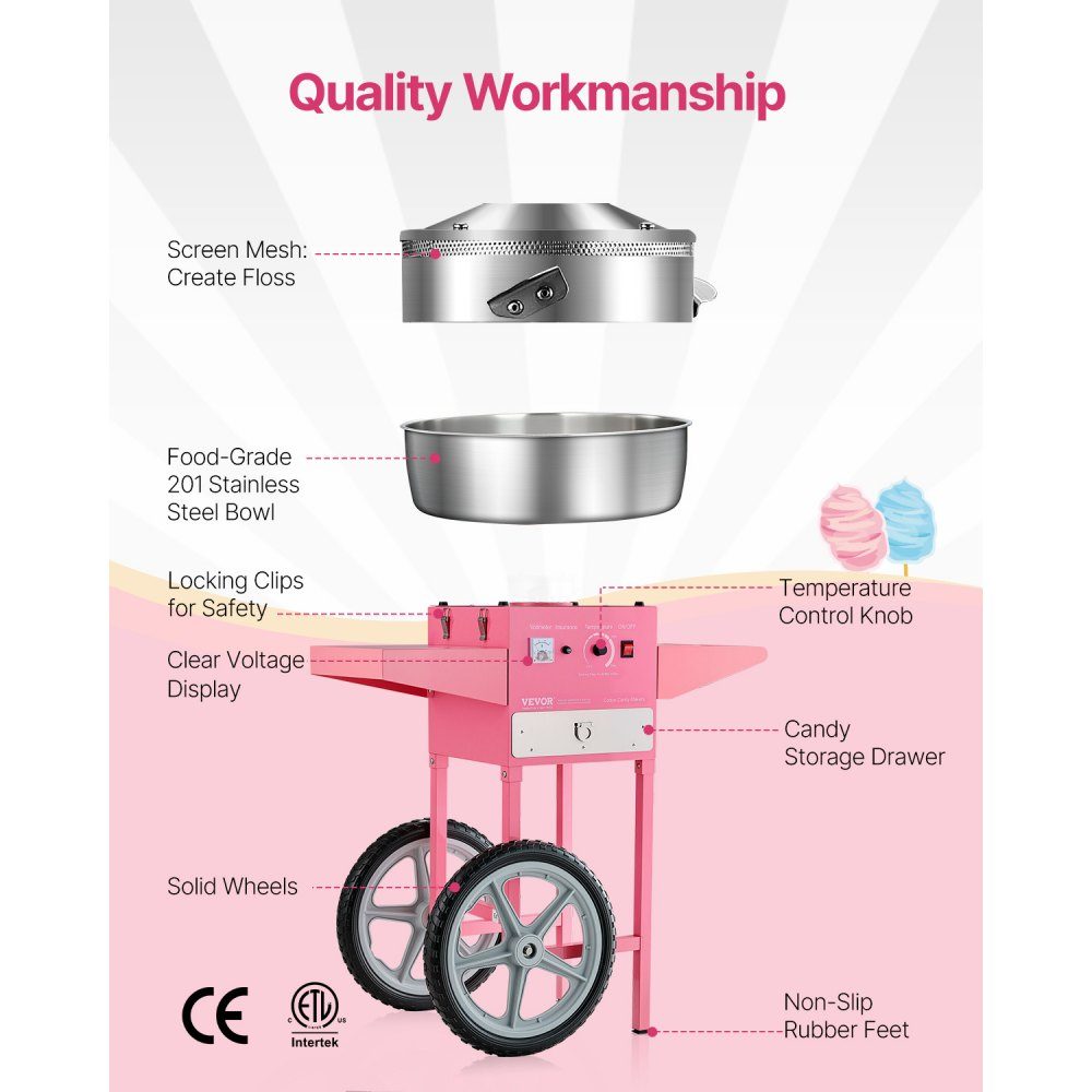 Machine à barbe à papa électrique, machine à barbe à papa commerciale avec chariot (1000 W), avec bol en acier inoxydable de 52 cm, cuillère à sucre et tiroir, parfaite pour les anniversaires d'enfants, les réunions de famille, rose