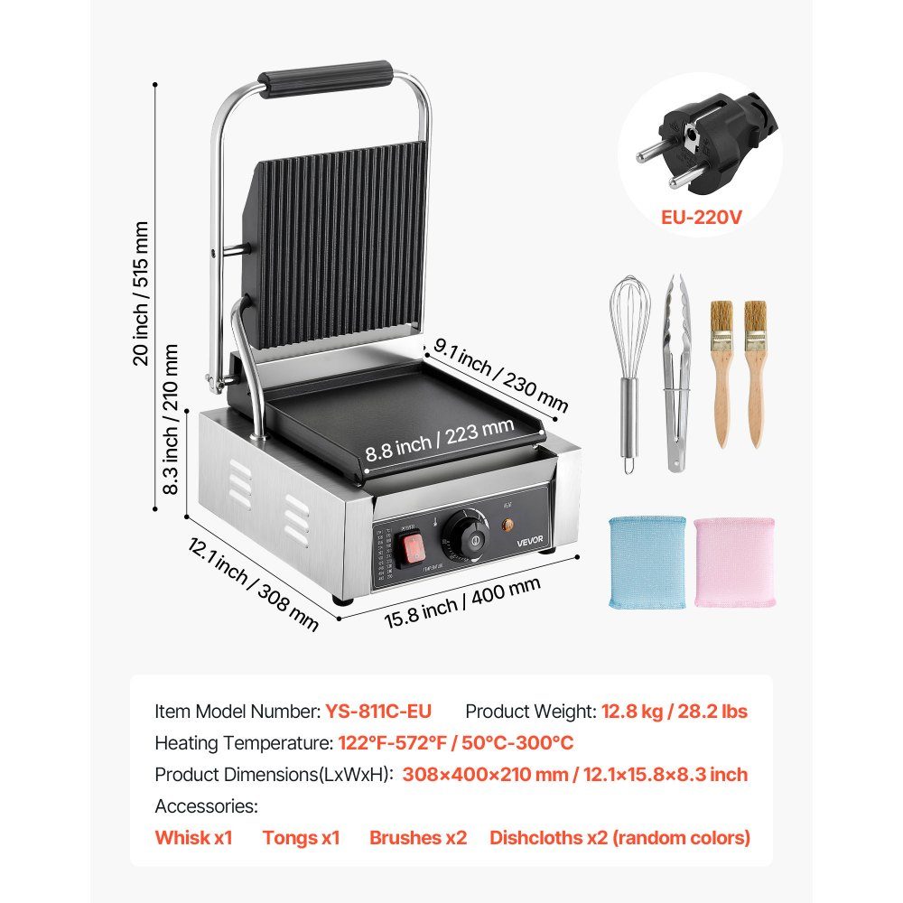 Komercyjny grill kontaktowy 1800 W Grill elektryczny Opiekacz do kanapek Prasa Panini ze stali nierdzewnej z uchwytem i regulacją temperatury, płaska emaliowana płyta 22 x 23 cm (pojedyncza) do steku z bekonem i hamburgerem