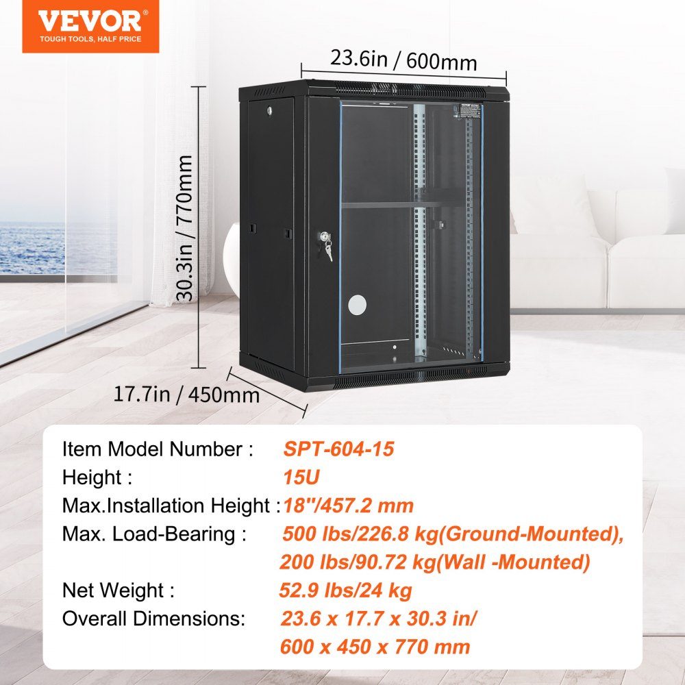 15U wandgemonteerde serverkast, maximale vloerbelasting van 500 lbs, netwerkrackbehuizing met zwenkwielen, afsluitbare deur van gehard glas, Q235 koolstofstaal voor IT-apparatuur A/V-apparatuur