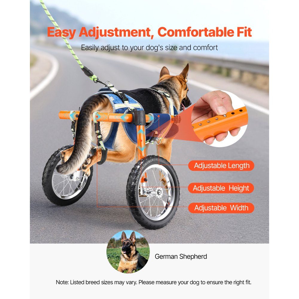 Dog Wheelchair for Hind Legs, Pet Wheelchair with 2 Wheels, Height, Width and Length Adjustable, Dog Cart with Shock Absorbing Wheels, for Injured, Disabled Hunde 50-80 Pounds