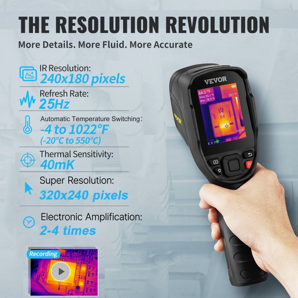 Hand-Wärmebildkamera, 240 x 180 IR-Auflösung, Infrarotkamera, Thermometer, 40 mK, Thermografiekamera -20–550 °C, Wärmebildkamera, Identifizierung von Wildtieren, elektrische Hotspots, fehlende Isolierung