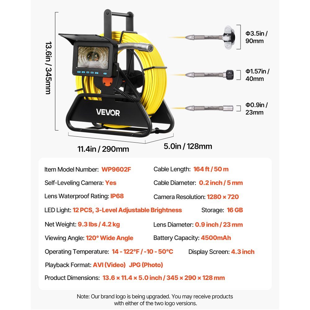 Sewer Camera, 50m Self-Leveling Pipe Camera with 4.3" HD Screen, IP68 Waterproof, with Lighting (12 LEDs and 16GB Memory Card) for Sewer Pipes and Pipes
